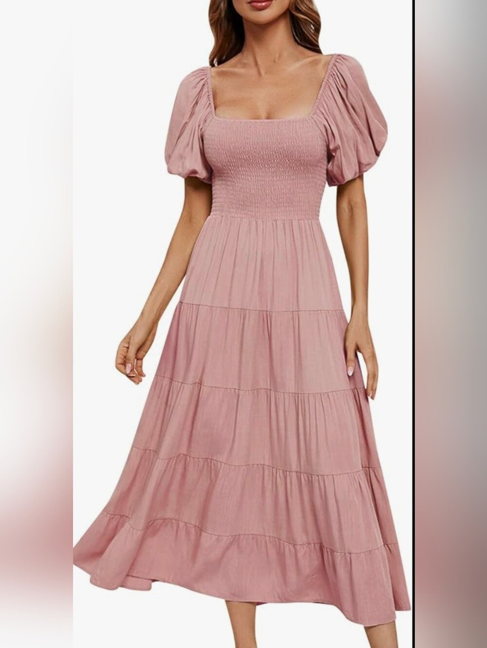 Smocked Puff-Sleeve Maxi Dress in Dusty Rose